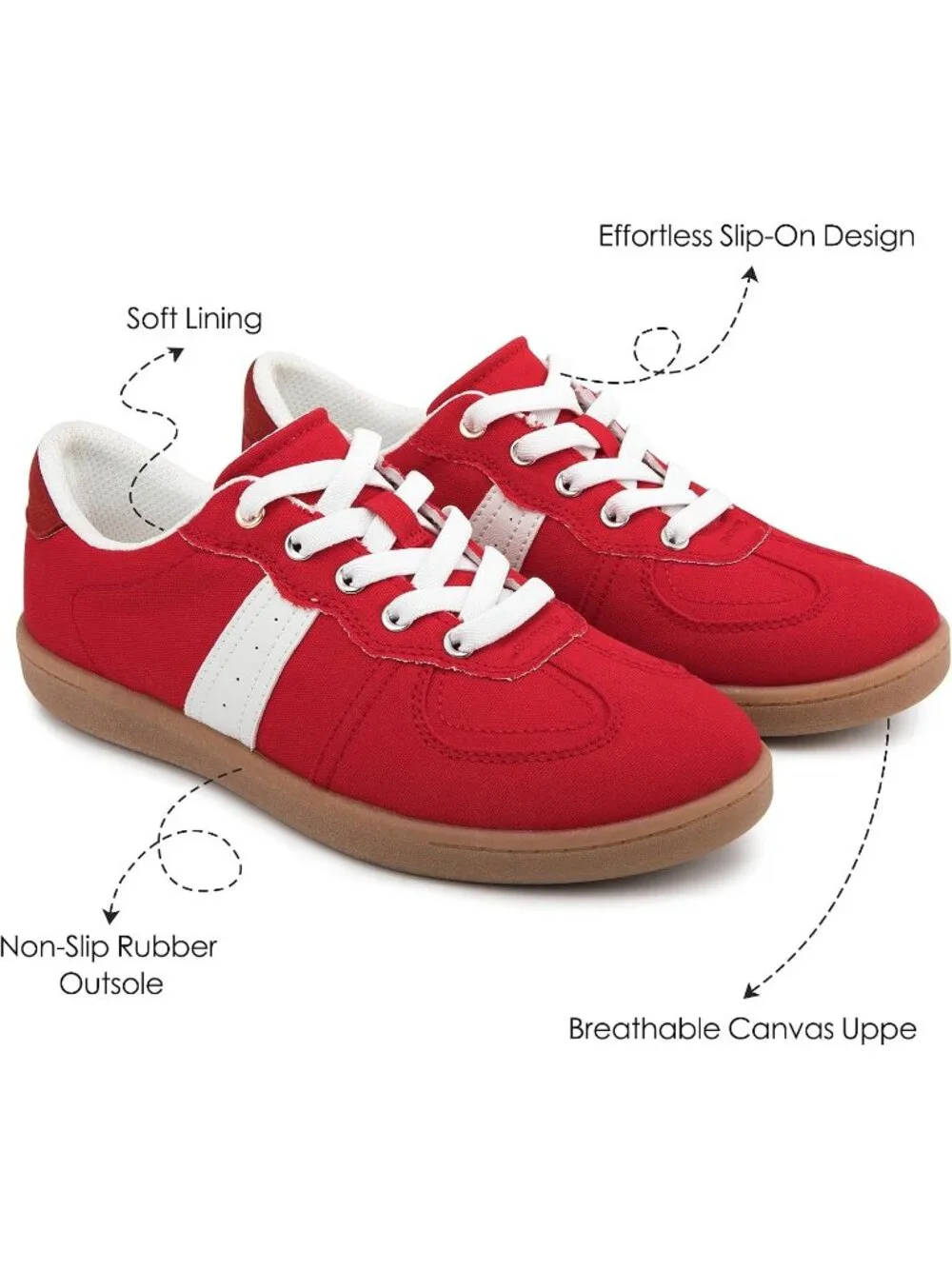Women's Red Canvas Shoes Flat Pull On Round Toe Athletic Tennis Sneakers